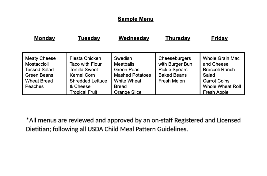 Child Care Menu